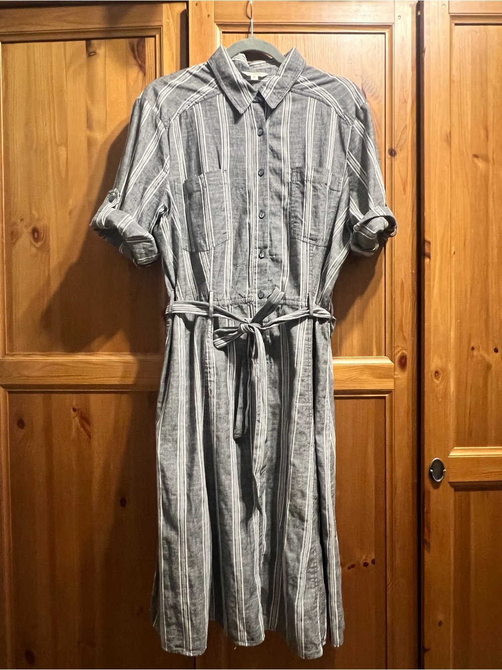 Max Studio Gray & White Striped Midi Shirt Dress with Tie Waist